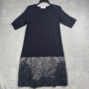 Bailey/44 Black Mixed Media Faux Leather Lace Hem Shift Dress Medium Made in USA